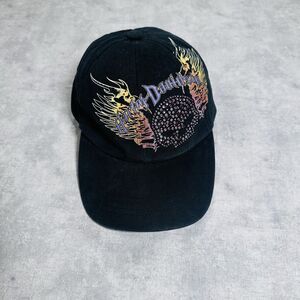 Y2K Harley Davidson Embellished Rhinestone Flamed Wing Black Strapback Hat